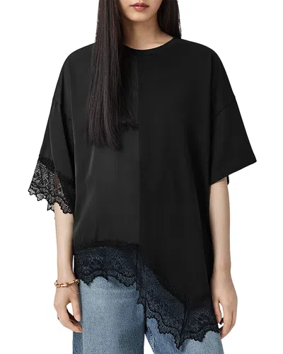 Allsaints Womens Black Lenny Round-neck Lace-embroidered Cotton T-shirt