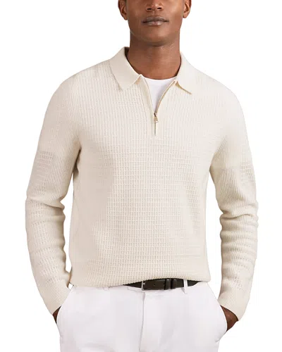 Reiss Hamilton Long Sleeved Half Zip Square Textured Wool Polo Shirt In Neutral