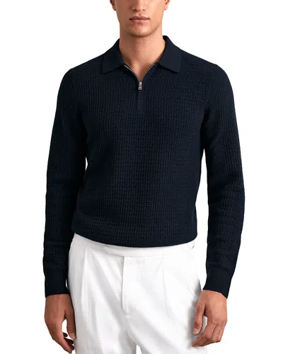 Reiss Hamilton Long Sleeved Half Zip Square Textured Wool Polo Shirt In Blue