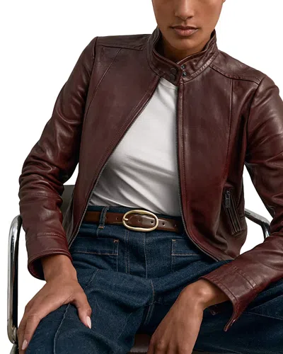 Reiss Burgundy Fitted Leather Biker Jacket In Brown