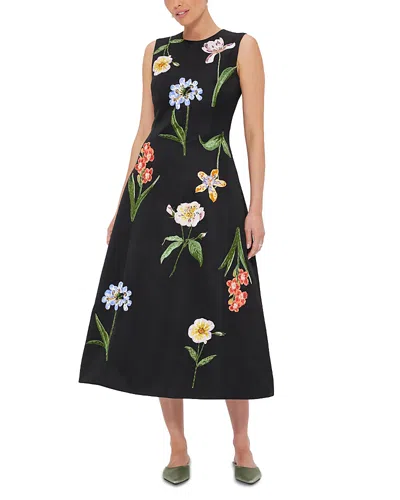 Leo Lin Floral Embroidered Midi Dress In Black