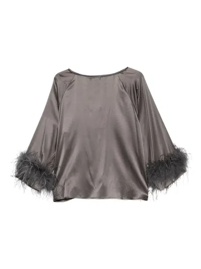 Max & Moi Feather-trimmed Stretch Silk Top In Black