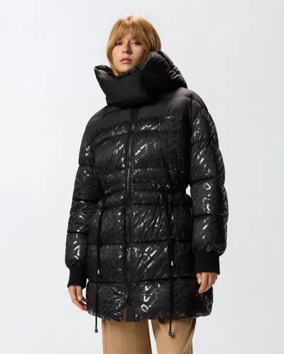 Pinko Technical Canvas Down Jacket With Logo Print In Black