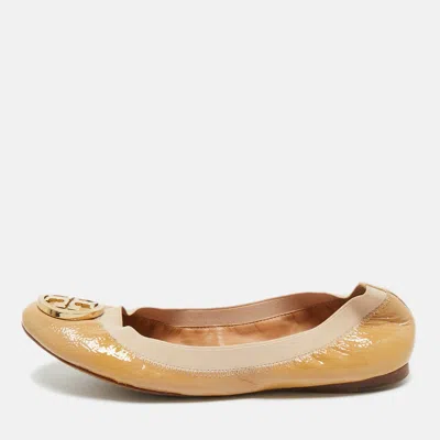 Pre-owned Tory Burch Beige Leather Scrunch Ballet Flats Size 39 In Sand