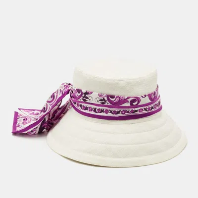 Pre-owned Dolce & Gabbana White/purple Majolica Print Mat Sun Hat Size 56
