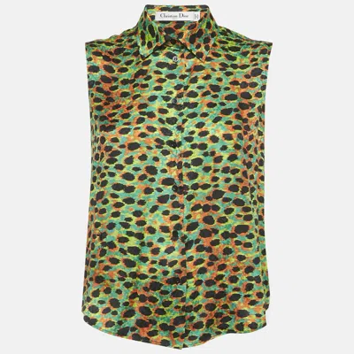 Pre-owned Dior Multicolor/green Printed Silk Sleeveless Button Front Blouse S