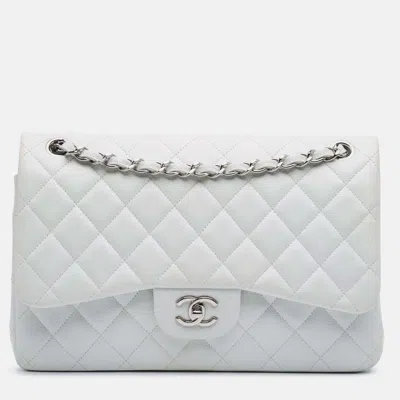 Pre-owned Chanel Classic Double Flap Jumbo White Caviar Shoulder Bag