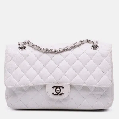 Pre-owned Chanel Classic Double Flap Medium White Caviar Shoulder Bag