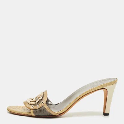Pre-owned Gucci Grey/olive Green Croc Embossed And Lizard Embossed Interlocking G Slide Sandals Size 37.5 In Gray