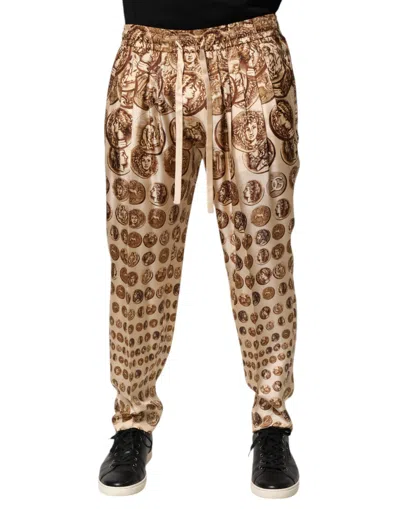 Dolce & Gabbana Beige Coin Print Silk Twill Men Jogger Pants In Brown
