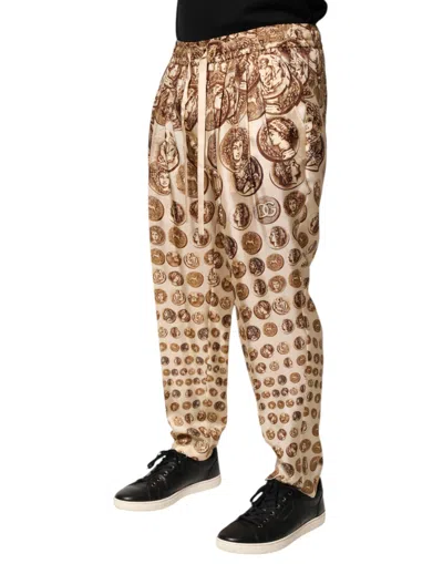 Dolce & Gabbana Beige Coin Print Silk Twill Men Jogger Pants In Brown