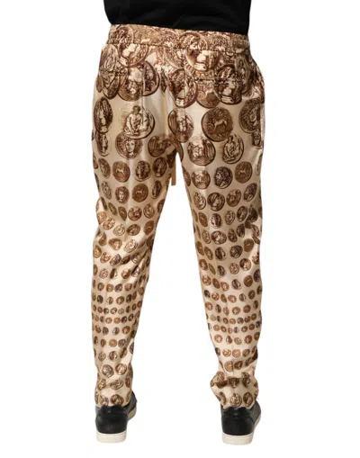 Dolce & Gabbana Beige Coin Print Silk Twill Men Jogger Pants In Brown