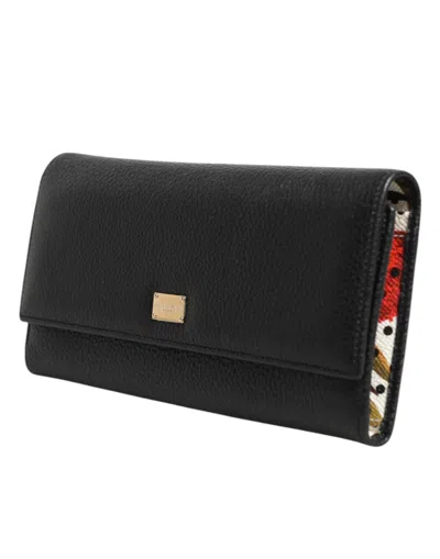Dolce & Gabbana Black Leather Trifold Logo Plaque Card Holder Women's Wallet In Black