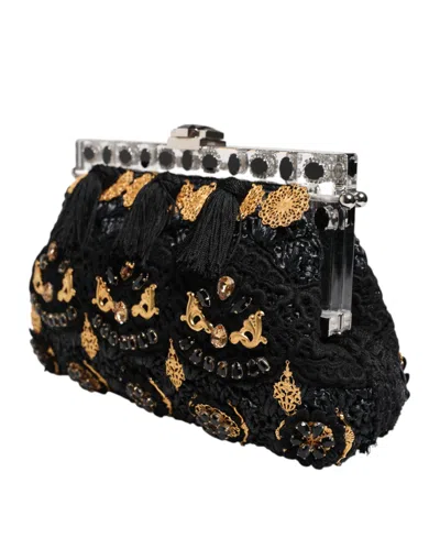 Pre-owned Dolce & Gabbana Black Tassel Gold Baroque Crystal Evening Clutch Women's Bag ()
