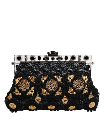 Pre-owned Dolce & Gabbana Black Tassel Gold Baroque Crystal Evening Clutch Women's Bag ()