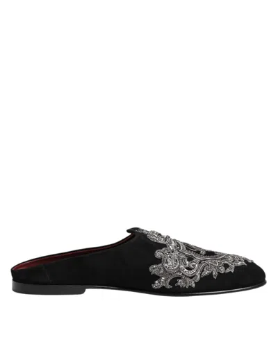 Dolce & Gabbana Black Velvet Slides Dg Crown Slipper Men's Shoes In Black