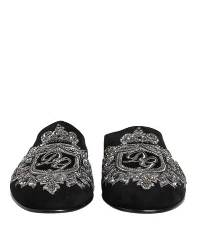 Dolce & Gabbana Black Velvet Slides Dg Crown Slipper Men's Shoes In Black