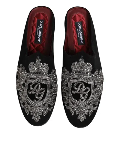 Dolce & Gabbana Black Velvet Slides Dg Crown Slipper Men's Shoes In Black