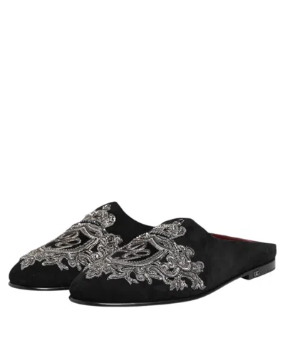 Dolce & Gabbana Black Velvet Slides Dg Crown Slipper Men's Shoes In Black