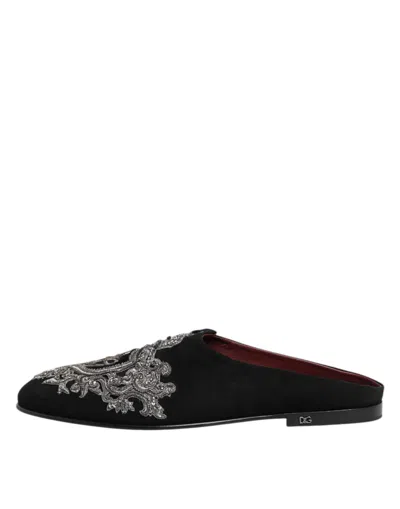 Dolce & Gabbana Black Velvet Slides Dg Crown Slipper Men's Shoes In Black