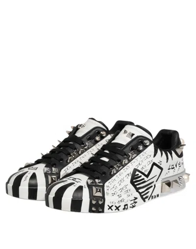Pre-owned Dolce & Gabbana Black White Studded Low Top Sneakers Men's Shoes () In Multi