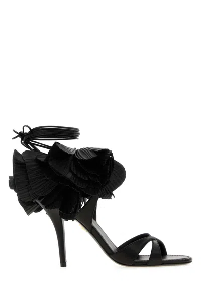 Ferragamo Estrella Leather Flower Ankle-tie Sandals In Black