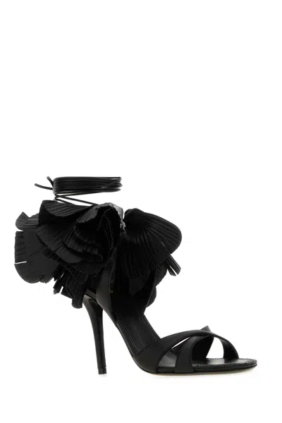Ferragamo Estrella Leather Flower Ankle-tie Sandals In Black