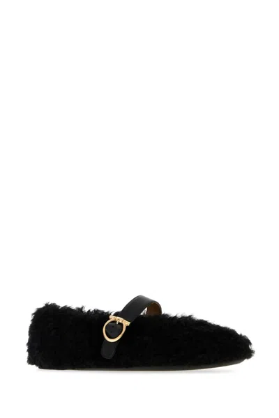 Ferragamo Shearling Ballet Flats In Black