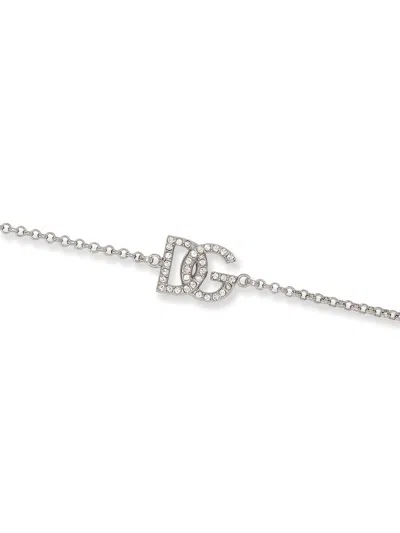 Dolce & Gabbana Crystal Embellished Dg Logo Bracelet In Silver