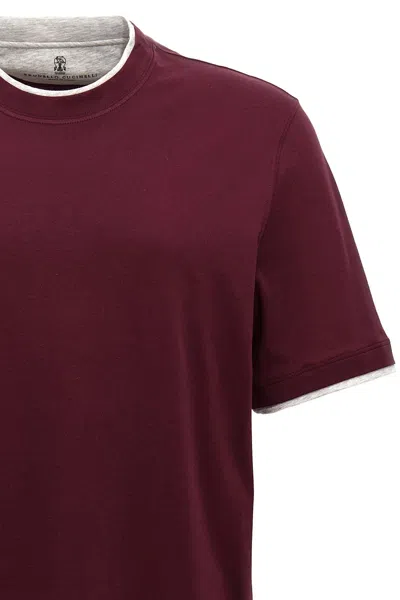 Brunello Cucinelli Cotton Jersey Crew Neck T-shirt With Faux-layering Clothing In Burgundy
