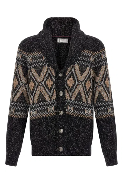 Brunello Cucinelli Geometric Jacquard Cardigan Sweaters And Cardigans Multicolor In Black