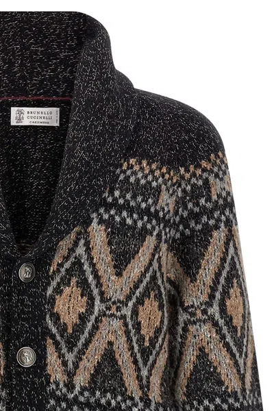 Brunello Cucinelli Geometric Jacquard Cardigan Sweaters And Cardigans Multicolor In Black
