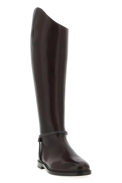 Brunello Cucinelli Classic Leather Boot With Precious Spurs In Brown