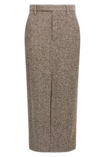 Brunello Cucinelli Diagonal Wool Tweed Midi Sartorial Pencil Skirt In Multi
