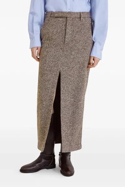 Brunello Cucinelli Diagonal Wool Tweed Midi Sartorial Pencil Skirt In Multi