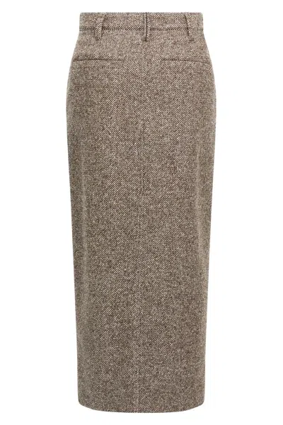 Brunello Cucinelli Diagonal Wool Tweed Midi Sartorial Pencil Skirt In Multi