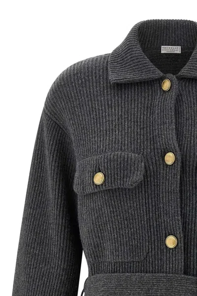 Brunello Cucinelli Belted Cardigan In Gray