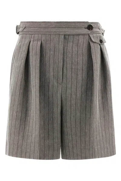 Brunello Cucinelli Grey Bermuda Panrs With Off-centered Button Closure And All-over Striped Motif In Linen Blend Woman In Multi