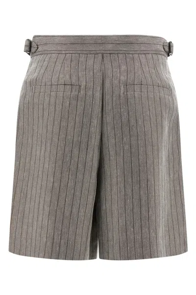 Brunello Cucinelli Grey Bermuda Panrs With Off-centered Button Closure And All-over Striped Motif In Linen Blend Woman In Multi