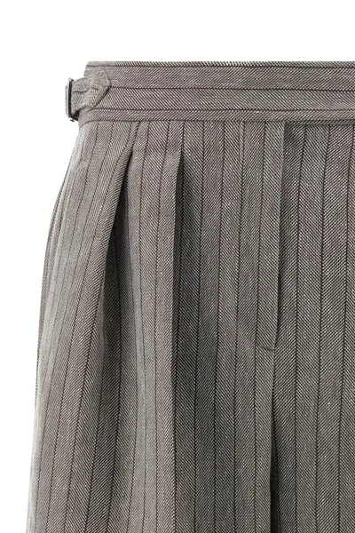 Brunello Cucinelli Grey Bermuda Panrs With Off-centered Button Closure And All-over Striped Motif In Linen Blend Woman In Multi