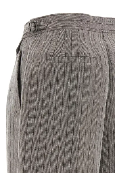 Brunello Cucinelli Grey Bermuda Panrs With Off-centered Button Closure And All-over Striped Motif In Linen Blend Woman In Multi