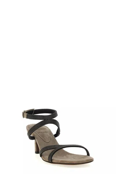 Brunello Cucinelli Sandal City Grey With Precious Straps In Gray