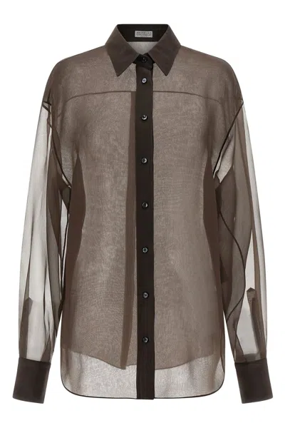 Brunello Cucinelli Sheer Long Sleeve Buttoned Cuff Shirt In Brown