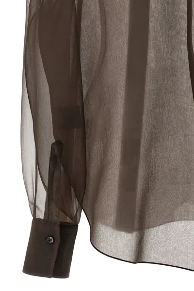 Brunello Cucinelli Sheer Long Sleeve Buttoned Cuff Shirt In Brown