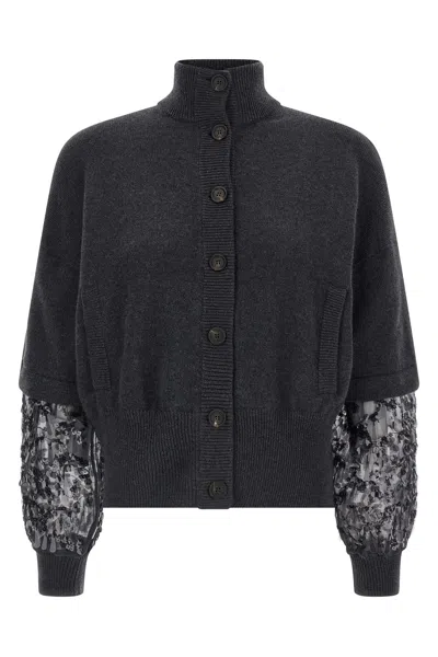 Brunello Cucinelli Sequin Sleeve Cardigan Sweaters And Cardigans Gray In Gray