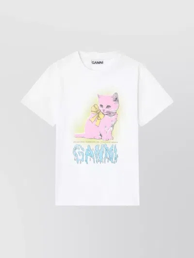Ganni Neon Kitty Bright White T-shirt In White