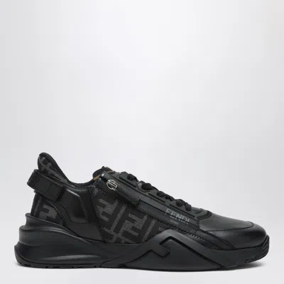 Fendi Men Leather Flow Sneakers With Ff Jacquard Fabric Inserts In Black