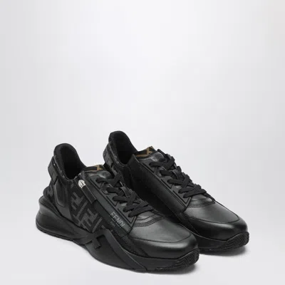 Fendi Men Leather Flow Sneakers With Ff Jacquard Fabric Inserts In Black