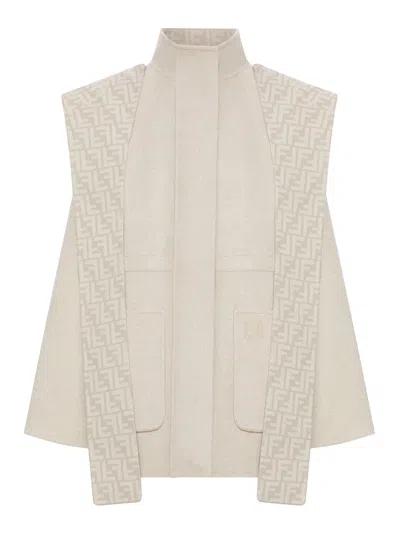Fendi Beige Wool Parka With Removable Stole And Ff Monogram In Multi