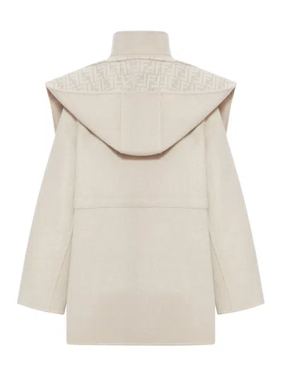 Fendi Beige Wool Parka With Removable Stole And Ff Monogram In Multi